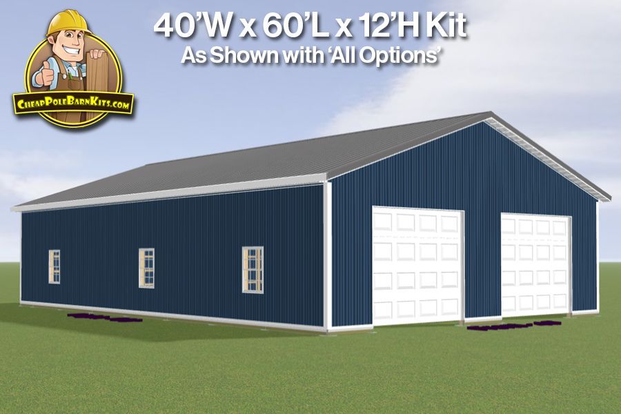 40'W x 60'L x 12'H - Pole Barn Kit w/ 12x10 OHD