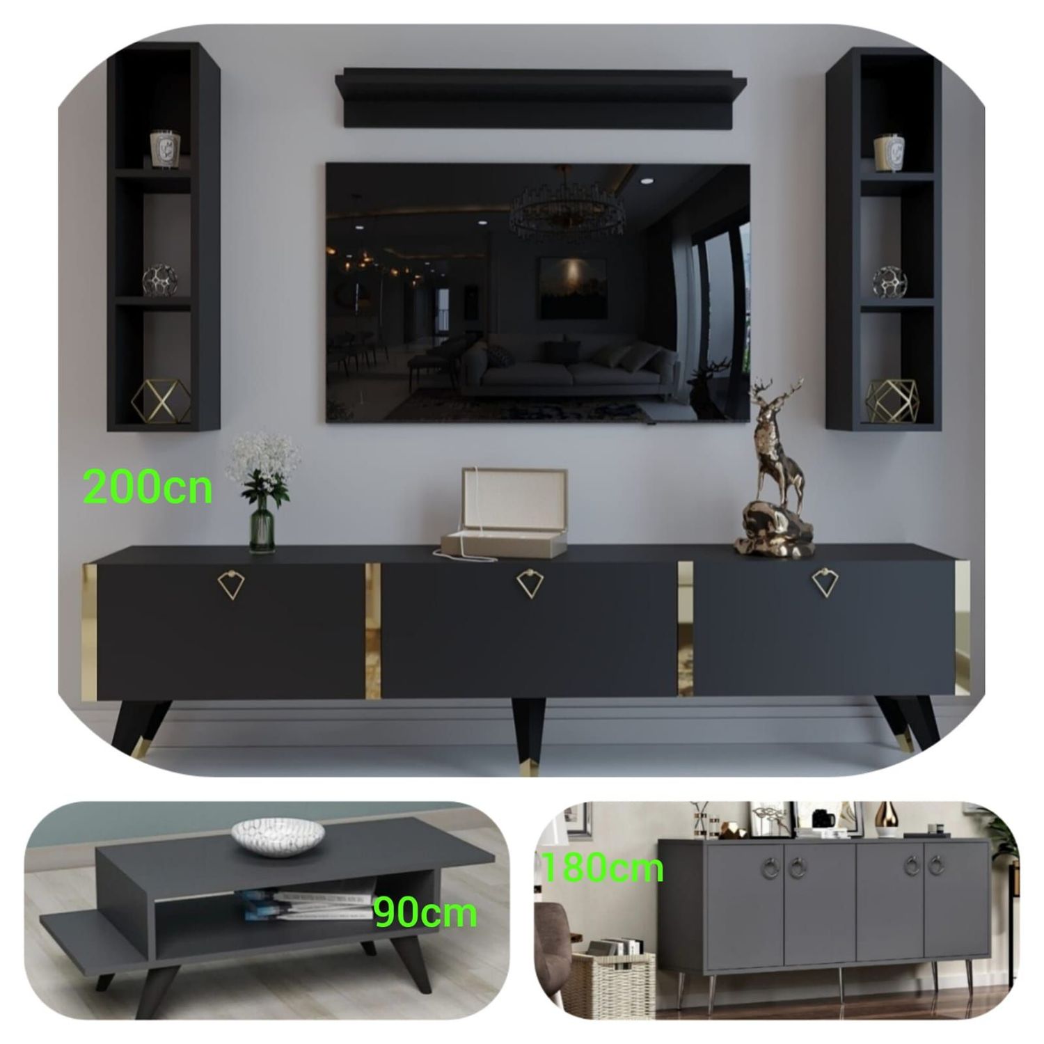 Meuble TV Style Contemporain - Coloris Gris Doré avec Buffet et Table Basse