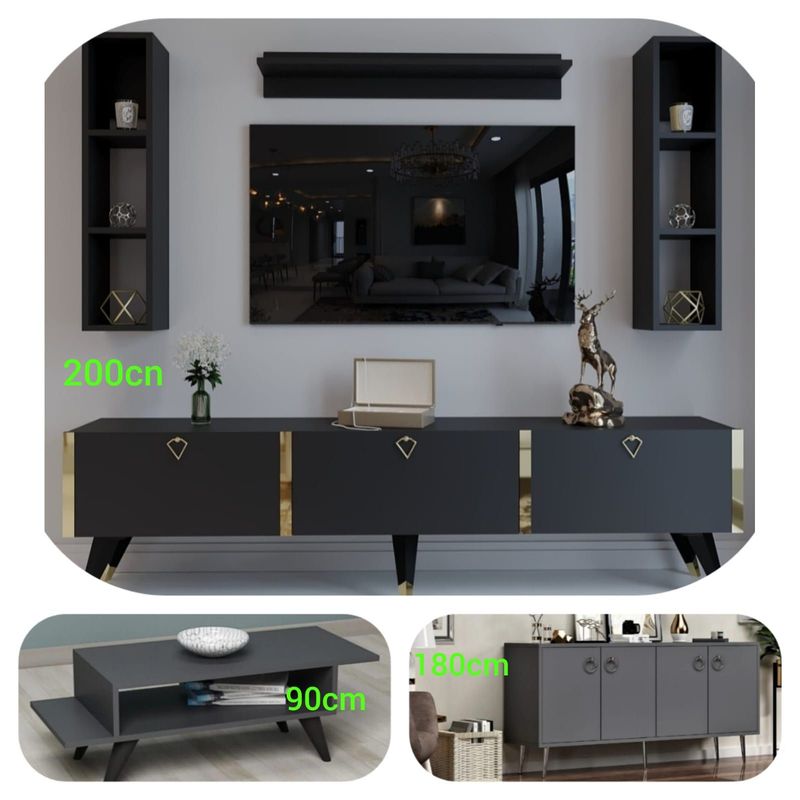 Meuble TV Style Contemporain - Coloris Gris Doré avec Buffet et Table Basse Meuble TV Style Contemporain - Coloris Gris Doré avec Buffet et Table Basse