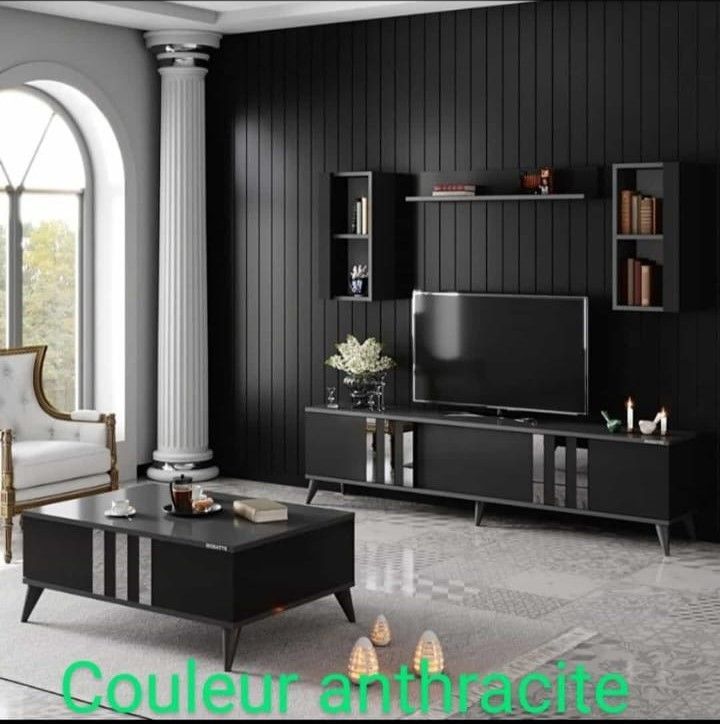 Meuble TV Style Contemporain - Coloris Gris Argent et Table Basse Meuble TV Style Contemporain - Coloris Gris Argent et Table Basse