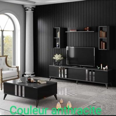 Meuble TV Style Contemporain - Coloris Gris Argent et Table Basse Meuble TV Style Contemporain - Coloris Gris Argent et Table Basse