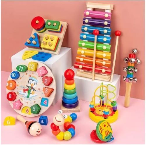 Jouets Montessori en bois neuf-en-un, cloches qui sonnent, tambours qui sonnent et instruments de musique, éducation de la petite enfance, tout-petit