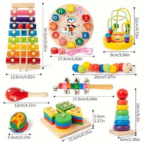 Jouets Montessori en bois neuf-en-un, cloches qui sonnent, tambours qui sonnent et instruments de musique, éducation de la petite enfance, tout-petit