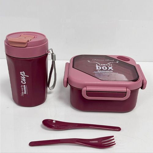 Ensemble Lunch Box, Bouteille et Couverts en Plastique – Idéal pour les Écoliers Coloris Rouge