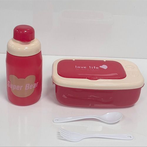 Ensemble Lunch Box, Bouteille et Couverts en Plastique – Idéal pour les Écoliers Coloris Rouge beige