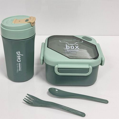 Ensemble Lunch Box, Bouteille et Couverts en Plastique – Idéal pour les Écoliers Coloris Vert