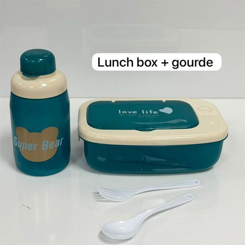 Ensemble Lunch Box, Bouteille et Couverts en Plastique – Idéal pour les Écoliers Coloris Vert beige