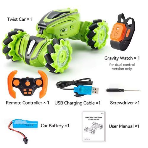 Voiture de cascade Verte télécommandée à 360 °, rechargeable 2,4 GHz, pour garçons et filles âgés de 4 5 6 7 8 9