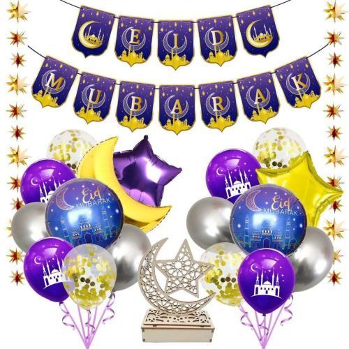 Kit de Décoration festivale Eid Mubarack Motif Croissant de Lune Etoile et Ballon en Latex
