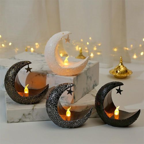 Ensemble de 4 Bougies LED sans flamme du Ramadan Mubarak, bougie Eid Mubarak, Lanterne lunaire en plastique 10*10cm blanc, noir, bronze or, bronze argent