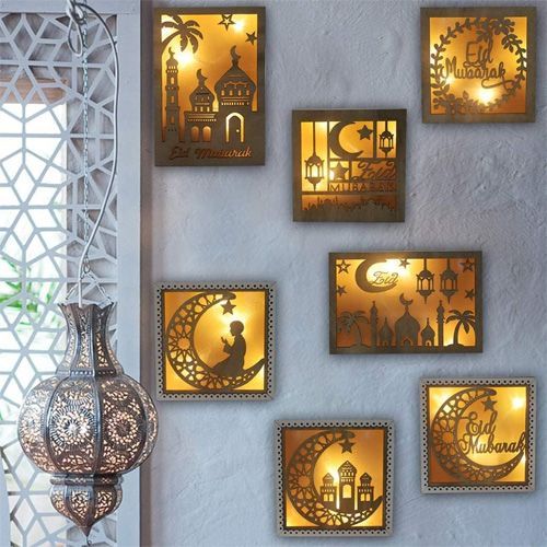 Ensemble de 3 decorations murales en bois avec Lumieres EID Mubarak pour la Maison Ornements Ramadan Eid Al-Fitr Islam Musulman Événement Fête Décoration Ensemble de 3 decorations murales en bois avec Lumieres EID Mubarak pour la Maison Ornements Ramadan Eid Al-Fitr Islam Musulman Événement Fête Décoration