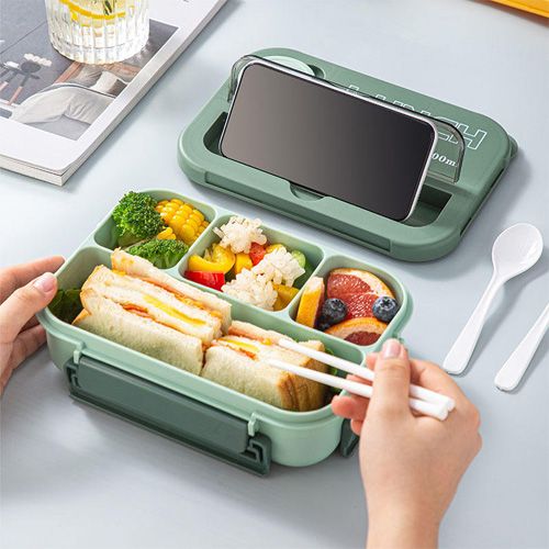Boîte à bento isotherme en plastique PP sans BPA, étanche et personnalisée, pour déjeuner et école, avec couverts Couleur Vert