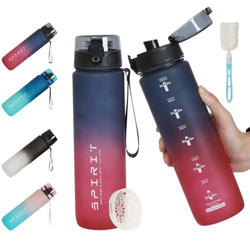 Bouteille d'eau portable et durable, étanche, avec boucle de transport et couvercle rabattable, bouteille de sport en plastique sans BPA, bouteille fine 1000Ml Rouge Noir