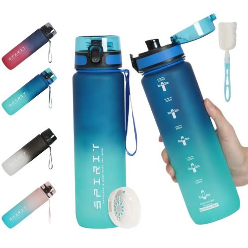 Bouteille d'eau portable et durable, étanche, avec boucle de transport et couvercle rabattable, bouteille de sport en plastique sans BPA, bouteille fine 1000Ml Vert Bleu