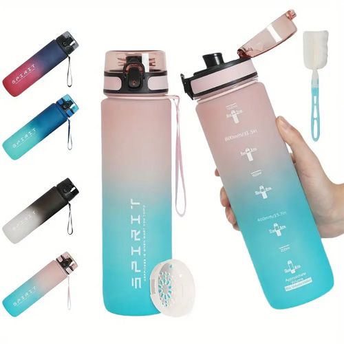 Bouteille d'eau portable et durable, étanche, avec boucle de transport et couvercle rabattable, bouteille de sport en plastique sans BPA, bouteille fine 1000Ml Rose Vert