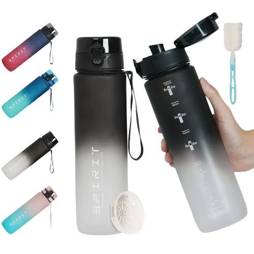 Bouteille d'eau portable et durable, étanche, avec boucle de transport et couvercle rabattable, bouteille de sport en plastique sans BPA, bouteille fine 1000Ml Noirs Gris
