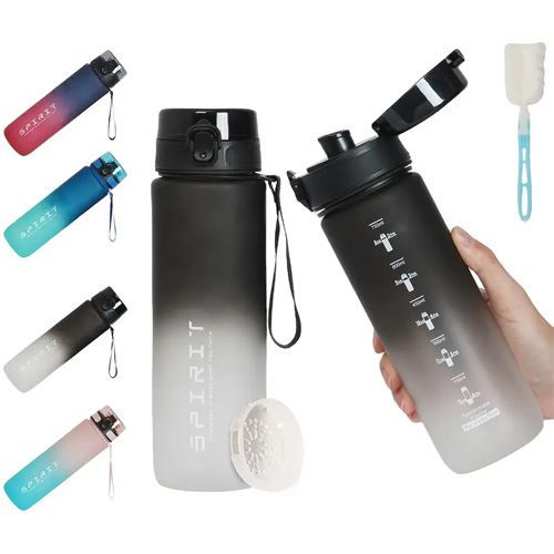 Bouteille d'eau portable et durable, étanche, avec boucle de transport et couvercle rabattable, bouteille de sport en plastique sans BPA, bouteille fine 500Ml Noirs Gris