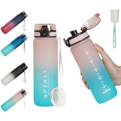 Bouteille d'eau portable et durable, étanche, avec boucle de transport et couvercle rabattable, bouteille de sport en plastique sans BPA, bouteille fine 500Ml Rose Vert