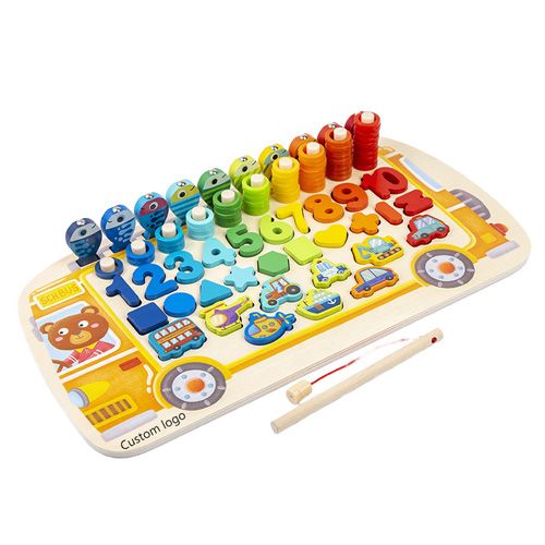 Puzzle Montessori Bus scolaire en bois, planche de pêche, lettres de l'alphabet et chiffres, jouet de tri de formes mathématiques pour enfants