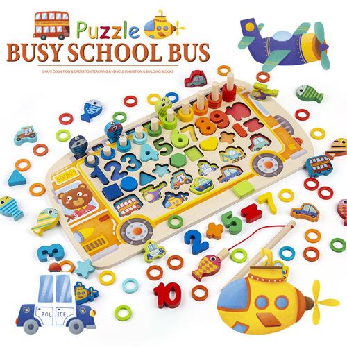 Puzzle Montessori Bus scolaire en bois, planche de pêche, lettres de l'alphabet et chiffres, jouet de tri de formes mathématiques pour enfants
