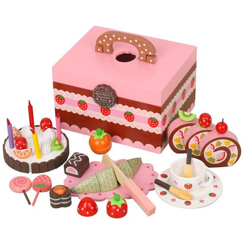 Simulation de gâteau d'anniversaire en bois pour enfants, jouets ménagers, gâteau au chocolat, thé de l'après-midi, coffret en bois portable