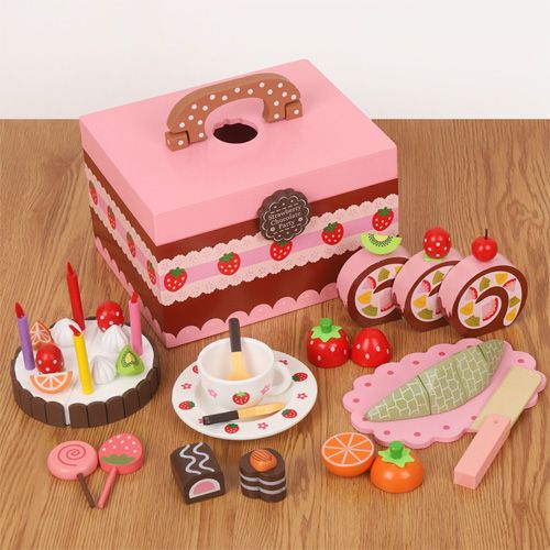 Simulation de gâteau d'anniversaire en bois pour enfants, jouets ménagers, gâteau au chocolat, thé de l'après-midi, coffret en bois portable