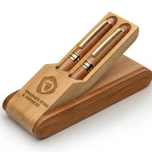 Ensemble stylo à plume et à bille en bambou avec leur support pliable tres elegant