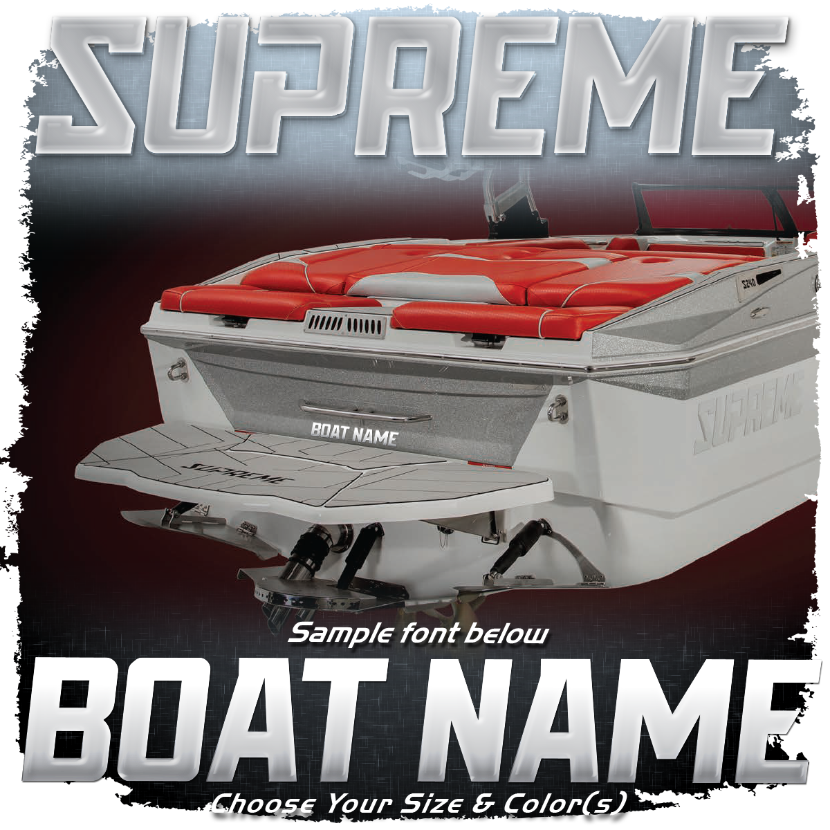Domed Boat Name in the Supreme font, 2022-25