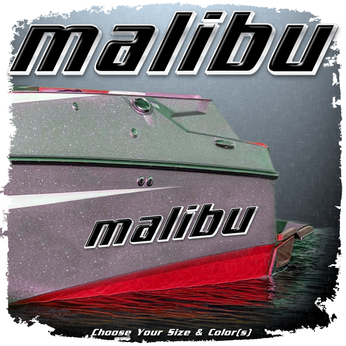 2001-05 Domed Malibu Decal, Choose Your Size &amp; Color, Fill Color: Black (factory match), Outline Color: Chrome (factory match), Add Shadow: Yes (factory match)