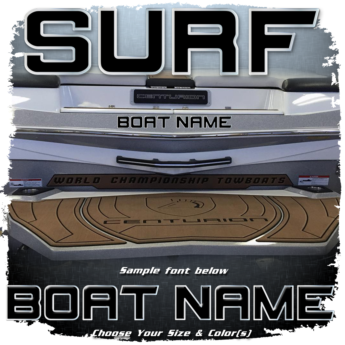 Domed Boat Name in the Centurion 2012-17 Surf Font, Choose Your Own Colors