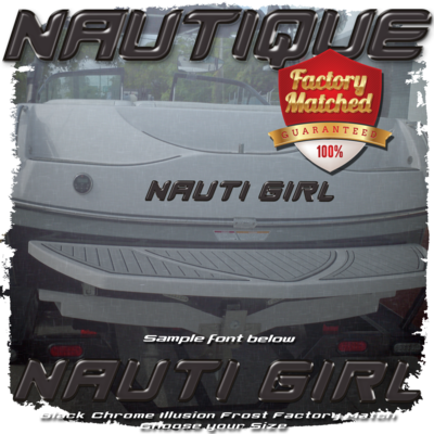 Domed Boat Name in the Nautique Font, Black Chrome Illusion Frost