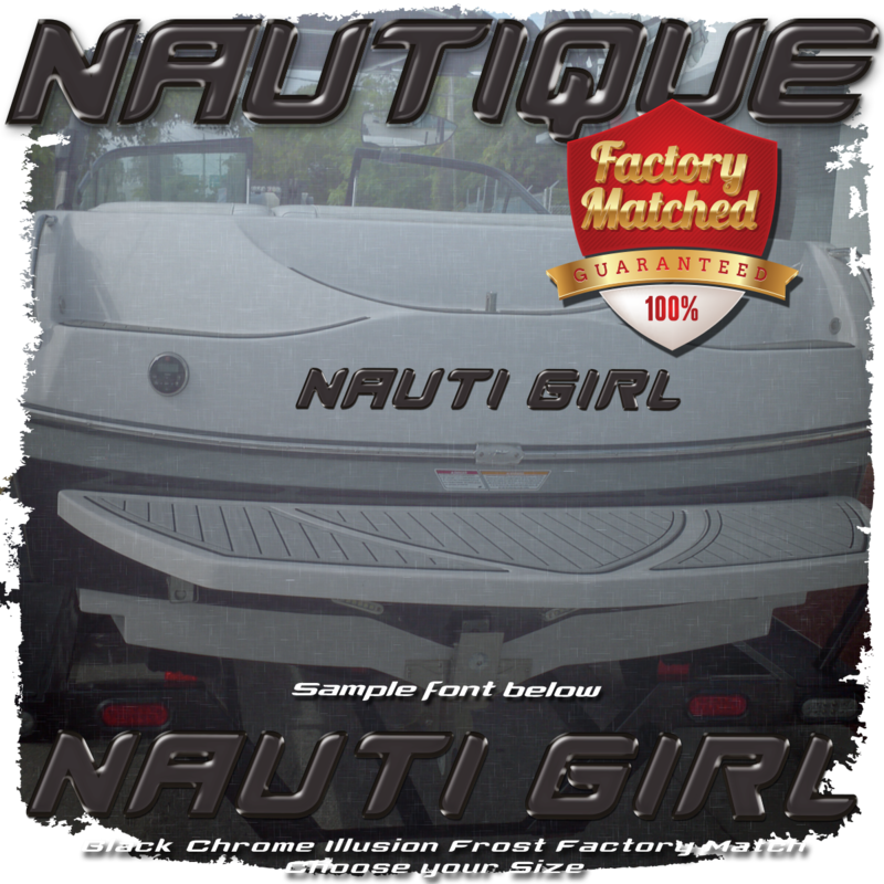 Domed Boat Name in the Nautique Font, Black Chrome Illusion Frost