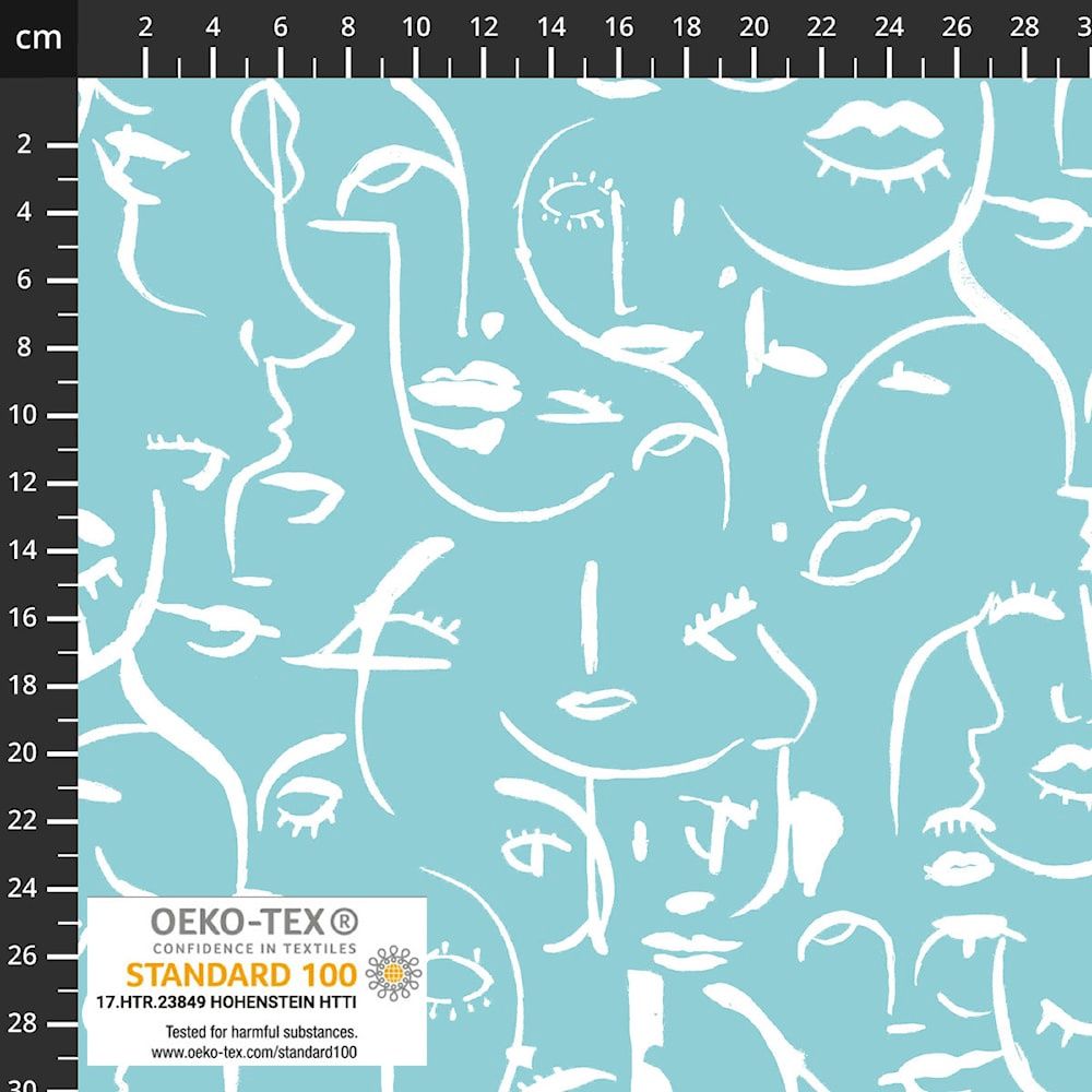 Stof19-1334 Avalana Jersey Print Teal Faces