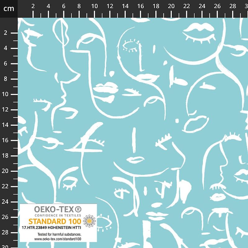 Stof19-1334 Avalana Jersey Print Teal Faces
