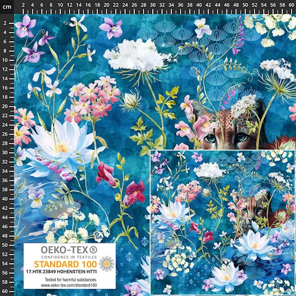 Stof19-1327 Avalana Jersey Print Blue Floral with Big Cat