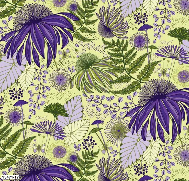 ClothY3471-17 Flowers and Fronds in light lime - Lilla by Amy Reber for Clothworks