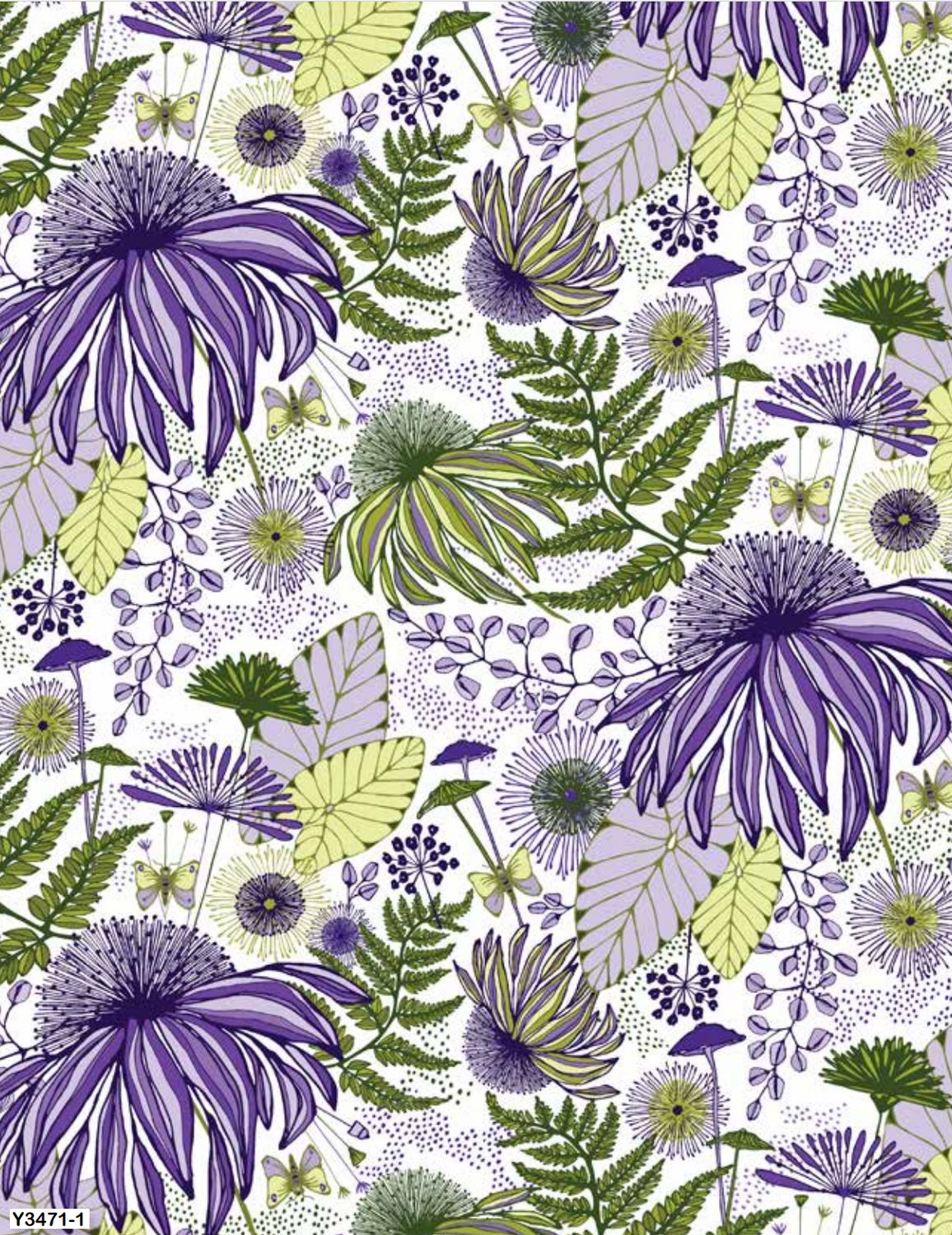 ClothY3471-1 Flowers and Fronds on white - Lilla by Amy Reber for Clothworks