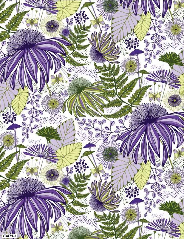 ClothY3471-1 Flowers and Fronds on white - Lilla by Amy Reber for Clothworks