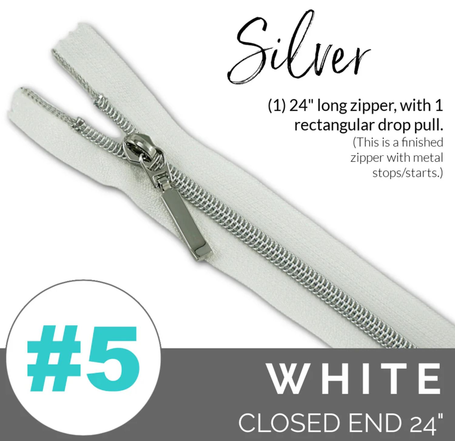 Emmaline Bags 24” Zipper with Rectangle Drop Pull, Colour: White/Silver