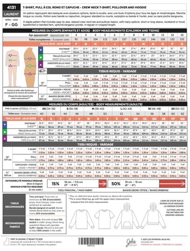 Jalie 4131 - Laurent T-Shirt, Pullover and Hoodie - Paper Pattern