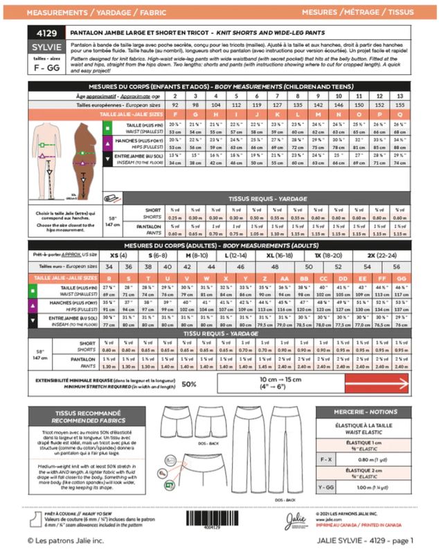 Jalie 4129 - Sylvie Knit Shorts and Wide-Leg Pants - Paper Pattern