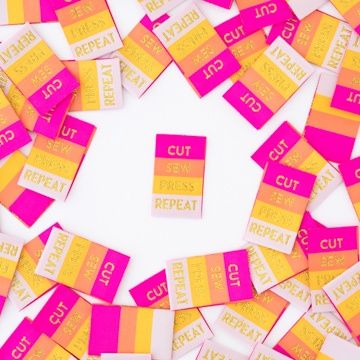 Sarah Hearts Premium Woven Labels - "Cut, Sew, Press, Repeat" - 8 pack