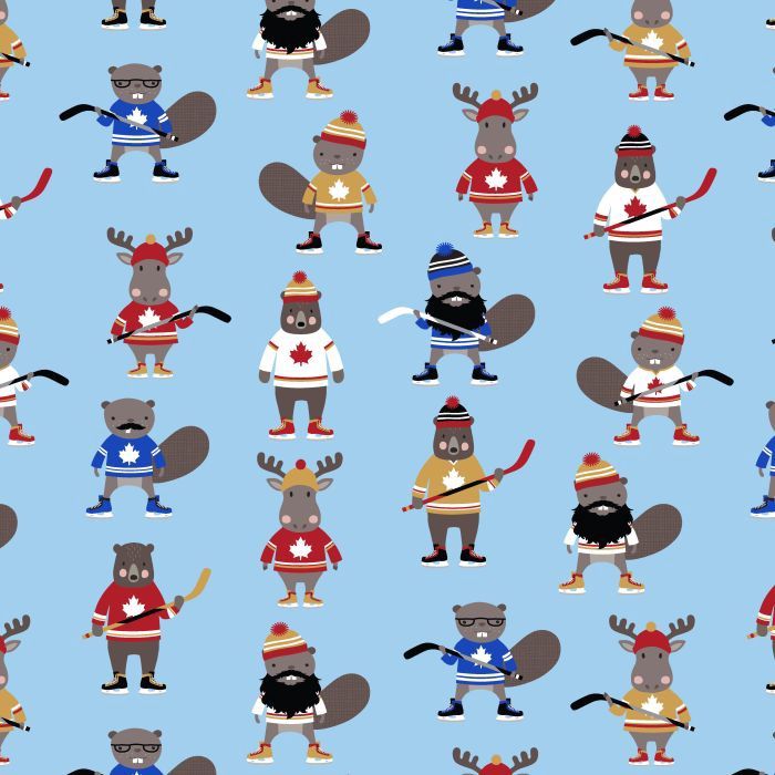 Under the Northern Lights by Purely Canadian EH! for Robert Kaufman - Critters Playing Hockey in Blue Flannel