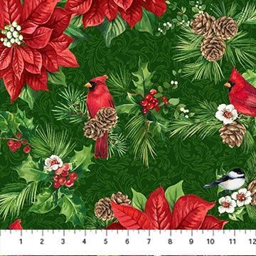 Yuletide Traditions - Green Multi Poinsettias &amp; Cardinals DP26105-76 - Quilting Fabric
