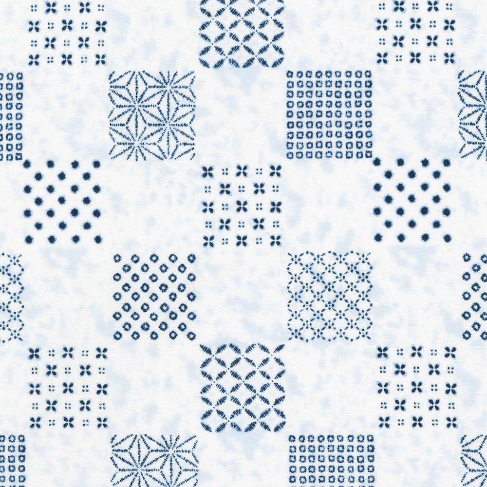 Shibori Blues - White Shibori Squares on White by Sevenberry from Robert Kaufman Fabrics