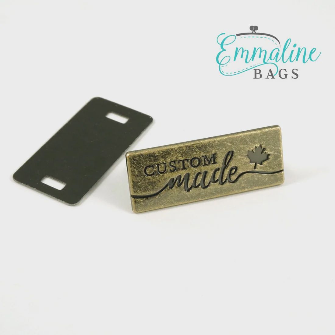 Emmaline Metal Bag Label - &quot;Custom Made&quot; with Maple Leaf, Material: Antique Brass