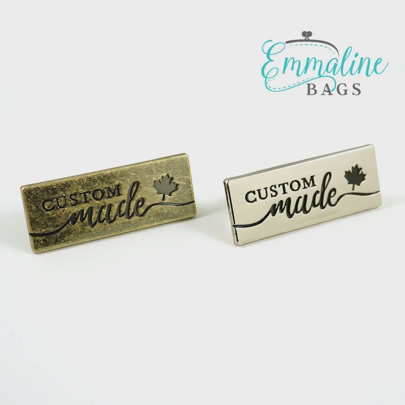 Emmaline Metal Bag Label - &quot;Custom Made&quot; with Maple Leaf