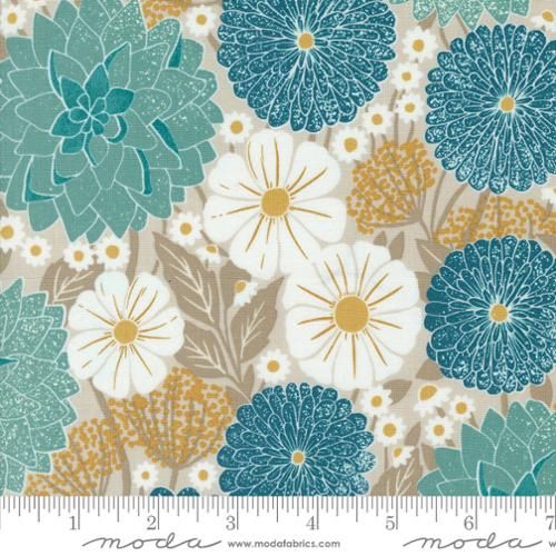 Field of Flowers Dahlias and Zinnias in Flax by Katharine Watson for Moda