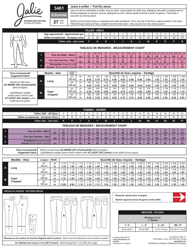 Jalie 3461 - Éléonore Pull -On Jeans - Paper Pattern