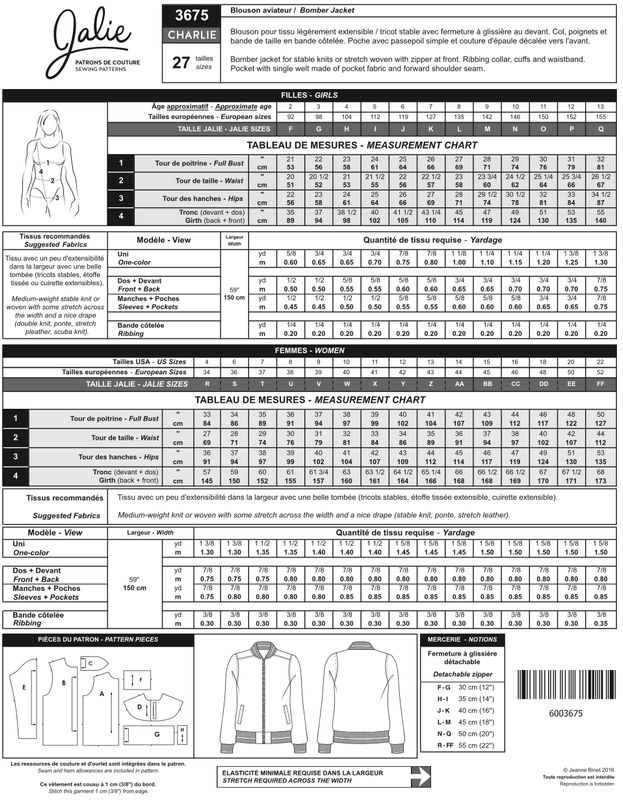 Jalie 3675 - Charlie Bomber Jacket - Paper Pattern